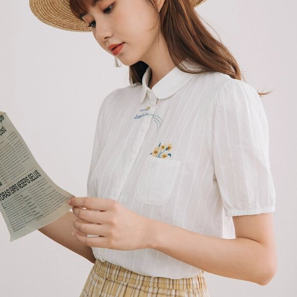 INMAN Floral Puff-Sleeve Cutton Blouse with Ruffled Collar - Picture 2 of 8